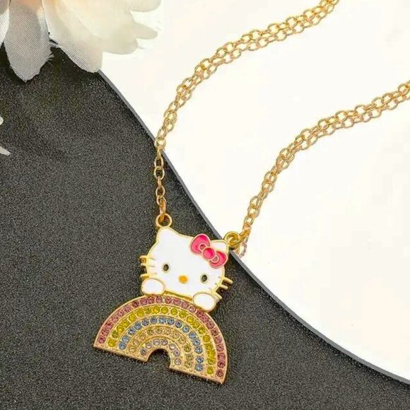 Hello Kitty Necklace Rhinestones Rainbow Pendant Gold Sanrio Rave Goth Emo Scene - Picture 1 of 2